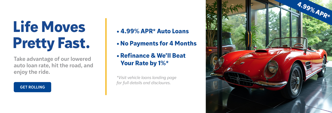 Red corvette that links to Auto loan offerings from California Highway Patrol Credit Union.