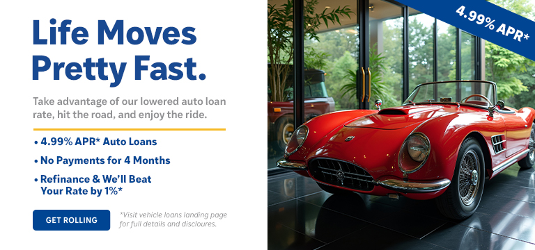 Red corvette that links to Auto loan offerings from California Highway Patrol Credit Union.