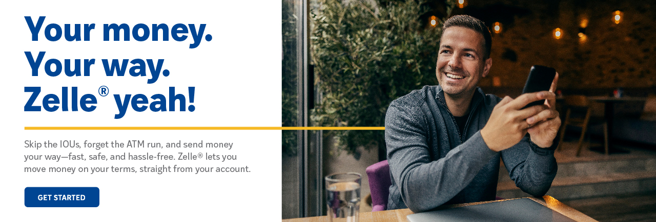 Banner image that links to Zelle offerings from CAHP Credit Union. Image shows happy guy on phone.