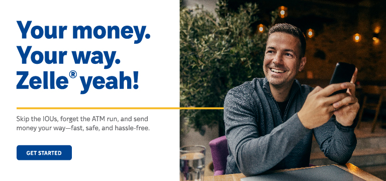Banner image that links to Zelle offerings from CAHP Credit Union. Image shows happy guy on phone.